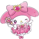 My Melody character winking while holding a heart-tipped wand and wearing a pink dress.
