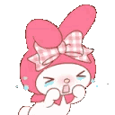 A pink rabbit character with a plaid bow sobbing with large blue tears streaming down its face.