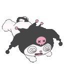 Kuromi character with swirling eyes and a confused expression lying down with a spinning icon above its head.