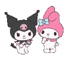Kuromi and My Melody stand side by side while a pink heart sparkles between them in a pixelated animation.