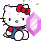 A white cat character with a red bow sits next to a glowing pink crystal while confetti falls around them.