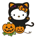 A cute character wearing a black cat costume stands behind two jack-o-lanterns.