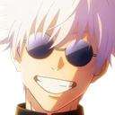 Satoru Gojo wearing dark sunglasses with a wide, smug grin on his face.
