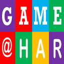 Grid of eight colorful squares containing the white letters G, A, M, E, @, H, A, R.