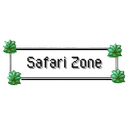 A rectangular white sign with the text Safari Zone in black pixel font, flanked by four small green bushes on a black backgr…