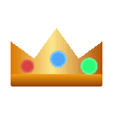A golden crown with red, blue, and green circular gems set against a white background.