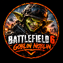 A green goblin wearing a military helmet grins aggressively in front of a fiery, war-themed background.