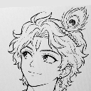 Young man with wavy hair and a peacock feather in his hair looking off to the side with a gentle smile.