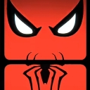 A red masked figure with sharp white eyes and a black spider emblem on the chin stares intensely.