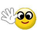 A yellow smiley face with large eyes waving its white gloved hand back and forth.
