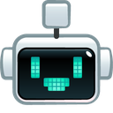 Robot head with a glowing cyan pixelated face smiling.
