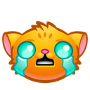 Orange cat face with large, glowing blue tears streaming down its cheeks in a look of extreme distress.