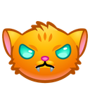 Orange cat head with glowing teal eyes and a fanged, angry expression.
