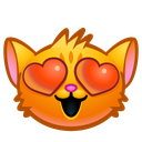 An orange cat face with large red heart-shaped eyes and a happy open-mouthed smile.