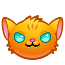 Cat with orange fur and glowing teal eyes wearing a sly, mischievous smirk.