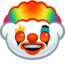 Clown face with a rainbow wig and a wide, mischievous grin.