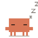 Four identical orange pixelated characters standing in a row with closed eyes and floating Z letters above them.