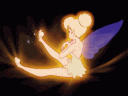 A cartoon fairy with purple wings sits and poses while surrounded by a glowing golden aura.
