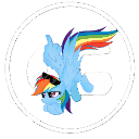 A blue pony with a rainbow mane stands against a red and blue glitch-effect background.