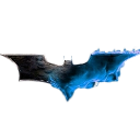 A sharp, dark bat-shaped emblem glowing with an intense, crackling blue aura.