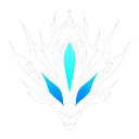 A stylized white mask with jagged edges and glowing blue eyes and forehead markings against a black background.