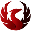 A stylized red phoenix bird with wings spread in a circular emblem shape.