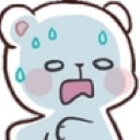 A white and blue cartoon bear looking panicked with sweat drops on its forehead and a wide, open-mouthed expression.