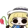 Chibi anime girl with large dark eyes and a small mouth looking confused.