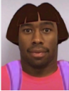 Tyler the Creator's face superimposed onto a cartoon character with a brown bob haircut and pink shirt.
