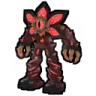 A dark biomechanical monster with a floral-shaped head and a glowing red eye stands in a menacing pose.
