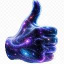 A human hand giving a thumbs up gesture filled with a swirling purple and blue nebula pattern.