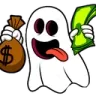A cartoon ghost with a wide, tongue-out grin holding a brown money bag with a dollar sign in one hand and a stack of green c…