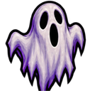 Ghost with a surprised expression and purple-tinted sheet body.