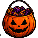 Jack-o'-lantern bucket with a carved grinning face filled with assorted colorful candies.