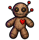 Voodoo doll with button eyes and a red heart patch, pierced by three red-tipped pins.