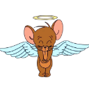 A brown cartoon mouse with closed eyes and folded hands, wearing a golden halo and white wings.