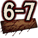 A wooden plank covered in bloodstains with the numbers 6-7 written in a bold, light-colored font.