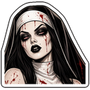 A gothic nun with dark makeup and blood splatters on her face and habit.