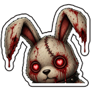 A plush rabbit with glowing red heart eyes and blood dripping from its ears and face.