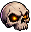 Skull with glowing orange eyes looking menacingly forward.