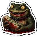 A grotesque green toad with a wide, toothy grin covered in blood while holding a large stack of money.