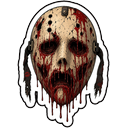 A weathered hockey mask covered in blood with a wide, screaming mouth opening.