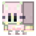 Character with a soft expression rendered in a pastel pixel art style.