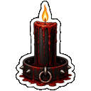A black wax candle with a burning flame sits inside a spiked leather collar surrounded by a pool of blood.