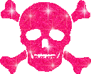 Three pink skulls with a glittery texture arranged in a horizontal row.