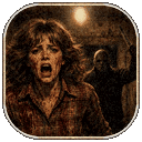 A woman with a terrified expression screams while a dark, shadowy figure looms behind her in a dimly lit room.