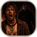 Man with a bloody face screaming in terror with a dark masked figure standing behind him.