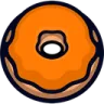 A stylized orange-frosted donut on a dark background.