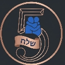 Two blue figures embracing inside a circular emblem featuring a brown ribbon with Hebrew text.
