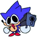 A crudely drawn Sonic the Hedgehog character holding a large, blocky gun with a wide, manic expression.